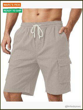 Men's Linen Cargo Shorts Elastic Waist Drawstring Lightweight Summer Casual